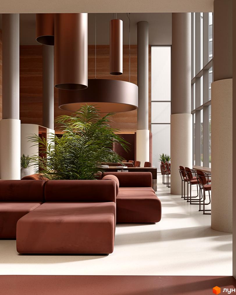 Інтер'єр зони відпочинку в житловому комплексі Avalon Terra з м'якими диванами та зеленою рослинністю. Сучасний дизайн простору з великими вікнами та колонами.