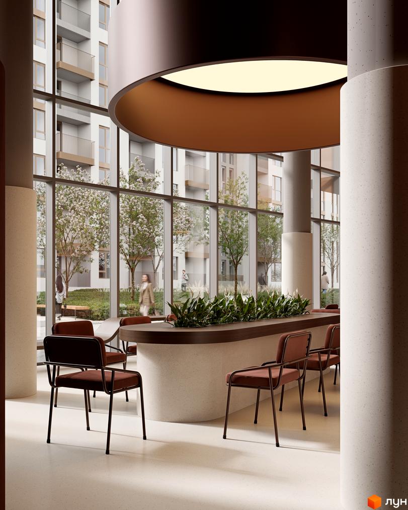 Житловий комплекс Avalon Terra: просторий хол з великими вікнами, що виходять на зелене подвір'я з деревами та людьми. Сучасна архітектура та комфортне оздоблення.