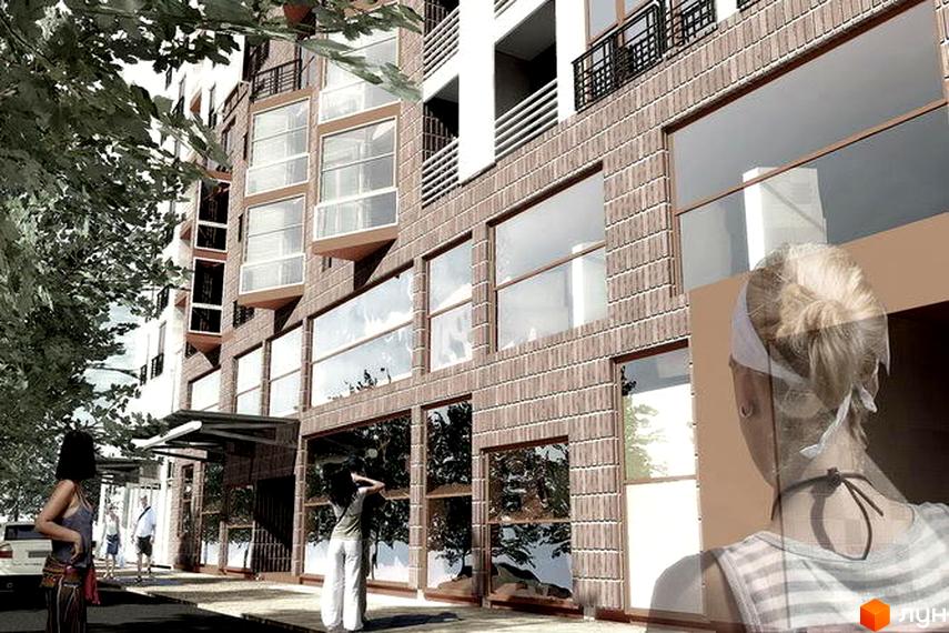 Зображення фасаду будинку на вулиці Бельведерська, 32а. На передньому плані пішохідна зона та люди.