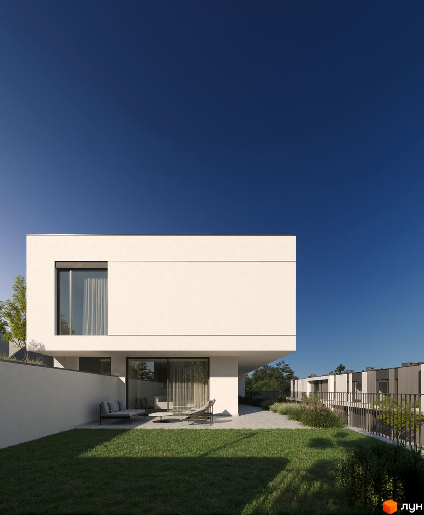 Котеджне містечко Bergman Park: білий двоповерховий будинок з великими вікнами та зеленою галявиною перед ним. Тераса з вуличними меблями.