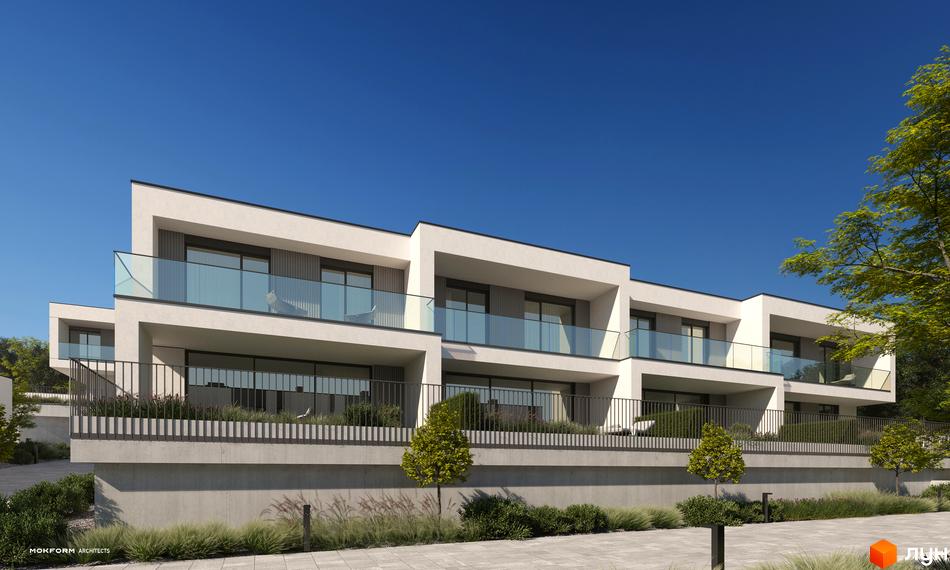 Зовнішній вигляд житлового комплексу Bergman Park з балконами та скляними огорожами, зелена прибудинкова територія з деревами та газоном.