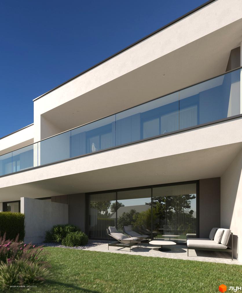 Котеджне містечко Bergman Park з білими фасадами, скляними балконами та доглянутою прибудинковою територією з газоном та рослинністю.