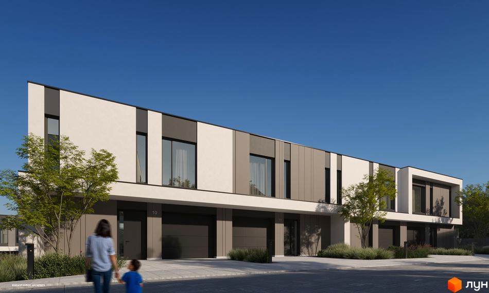 Котеджне містечко Bergman Park: фасади будинків з панорамними вікнами та гаражними воротами, зелена прибудинкова територія з деревами та кущами.