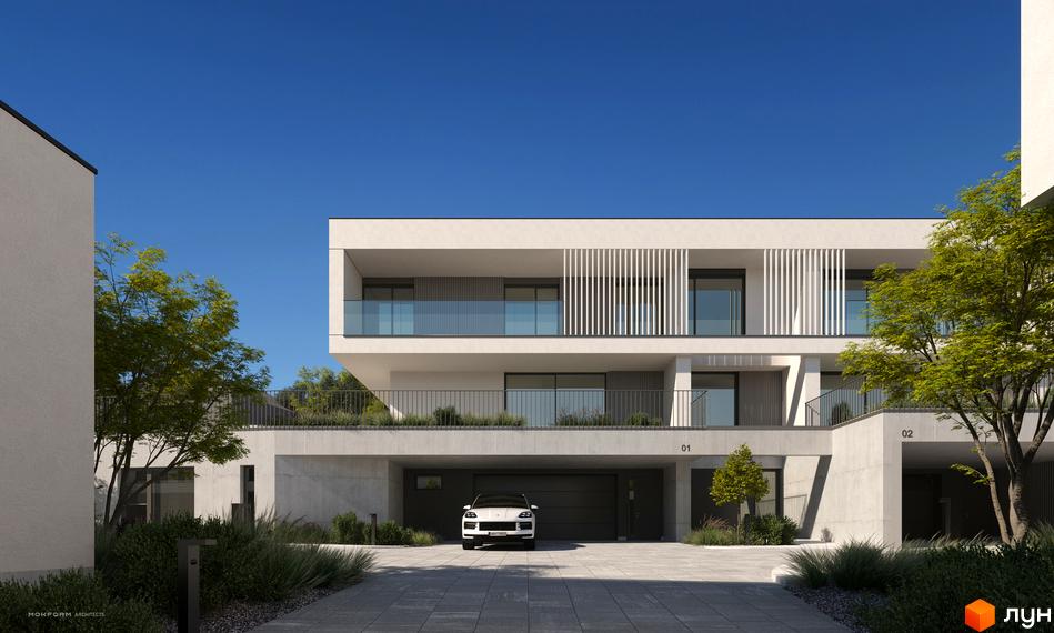 Котеджне містечко Bergman Park з білими фасадами, скляними балконами та зеленими деревами. Прибудинкова територія з бруківкою та підсвічуванням.