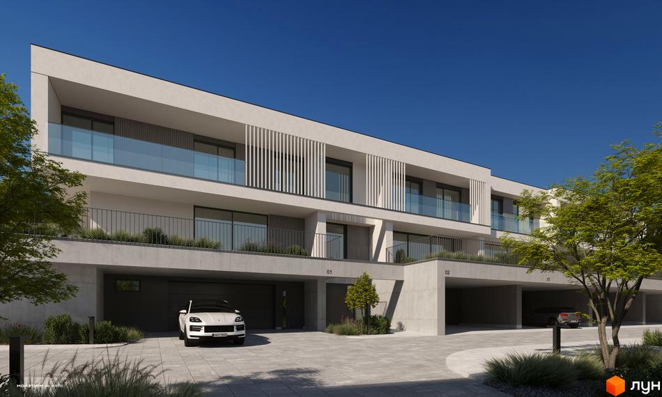 Котеджне містечко Bergman Park. Зовнішній вигляд будинку з балконами та гаражами, прибудинкова територія з деревами та автомобілями.