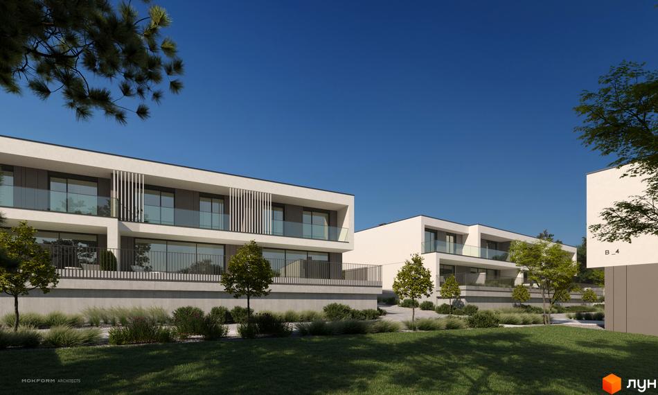 Котеджне містечко Bergman Park - це двоповерхові будинки з великими вікнами та скляними балконами, оточені доглянутим ландшафтом із зеленими насадженнями.