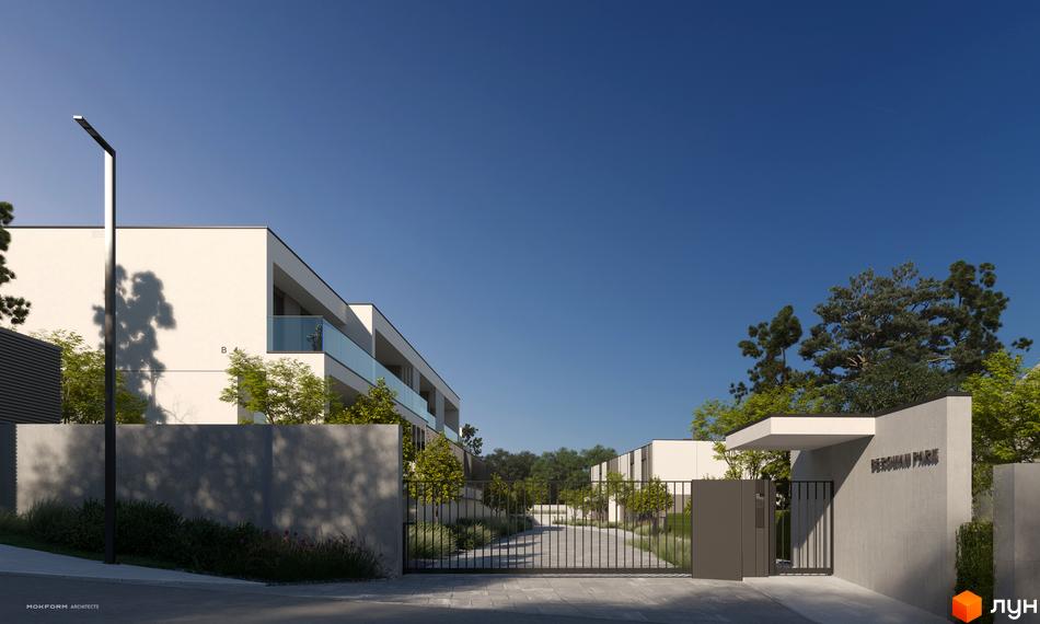 Котеджне містечко Bergman Park з білими фасадами та скляними балконами, огороджене парканом з автоматичними воротами. Територія комплексу озеленена деревами та кущами.
