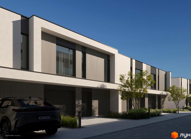 Зовнішній вигляд будинків котеджного містечка Bergman Park з гаражами та вікнами, прибудинкова територія з деревами та доріжками.