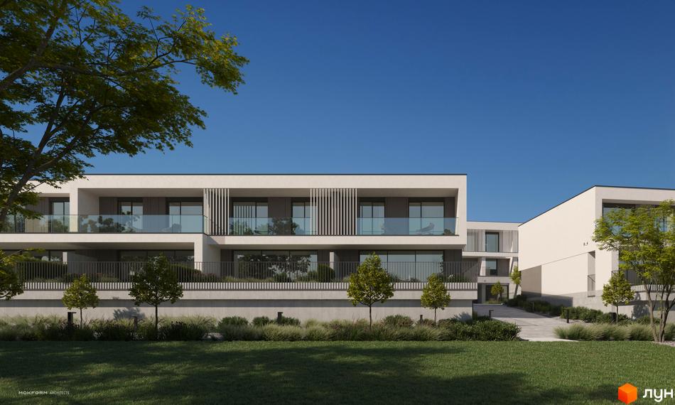 Котеджне містечко Bergman Park: фасади будівель з панорамними вікнами та скляними балконами, зелена прибудинкова територія з газоном та деревами.