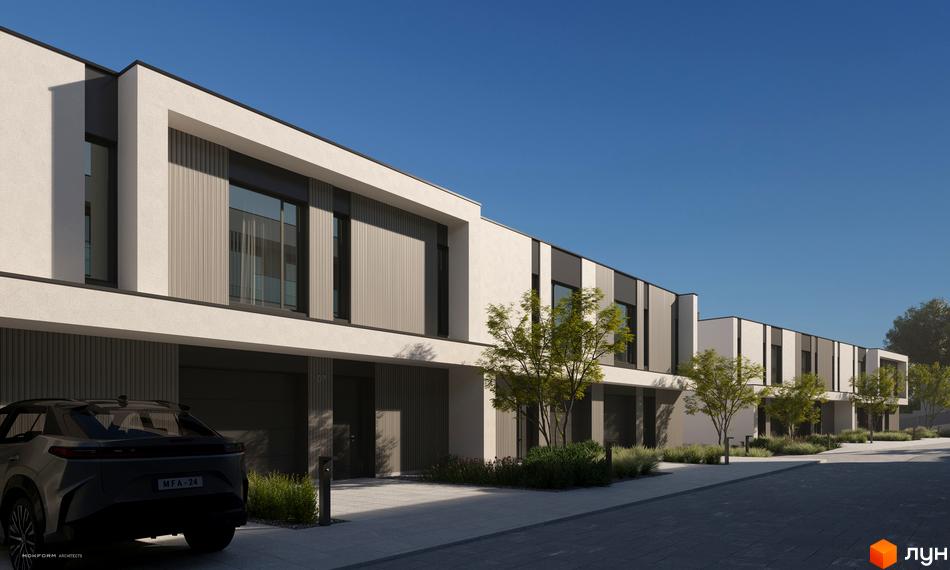 Зовнішній вигляд котеджного містечка Bergman Park з сучасними фасадами та прибудинковою територією з деревами та доріжками. Опис новобудови для продажу.