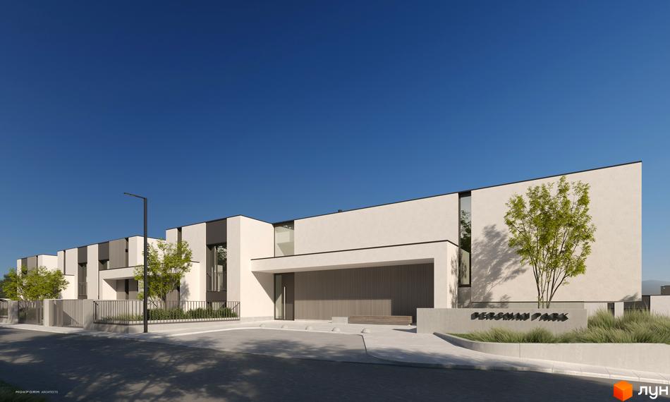 Котеджне містечко Bergman Park - це сучасна архітектура з білими фасадами та темними акцентами. Прибудинкова територія огороджена парканом, з деревами та доглянутим газоном.