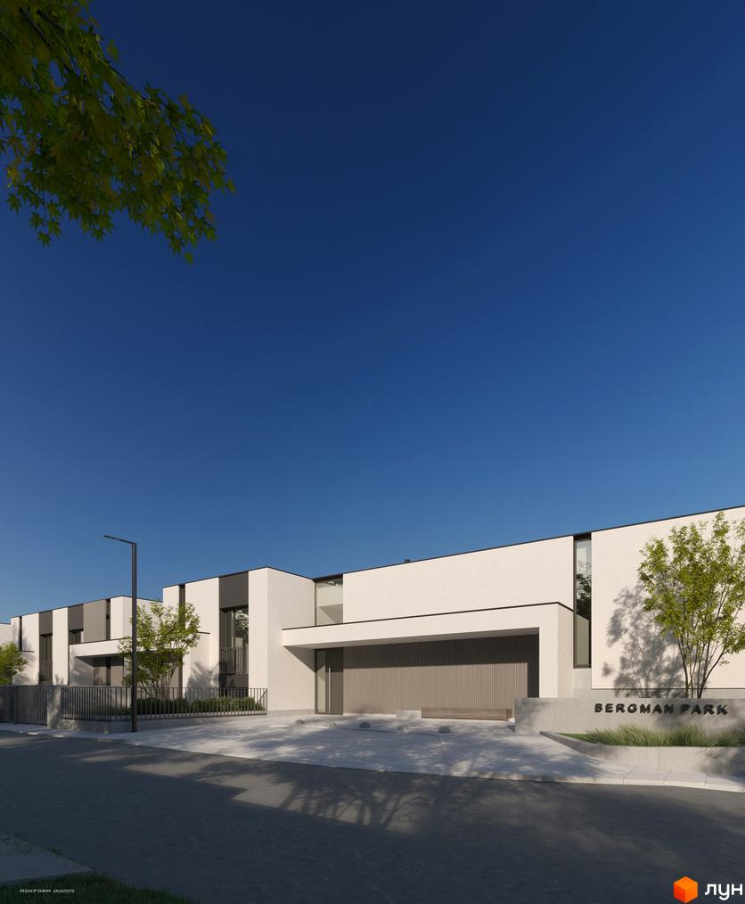 Зовнішній вигляд будинку житлового комплексу Bergman Park з фасадом білого кольору та сірими елементами, прибудинкова територія з деревами та ландшафтним дизайном.