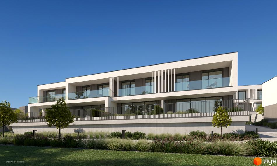 Котеджне містечко Bergman Park з білими фасадами, скляними балконами та вертикальним декором. Прибудинкова територія з зеленими насадженнями та газоном.