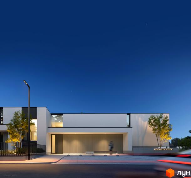 Котеджне містечко Bergman Park: сучасна архітектура фасаду з панорамними вікнами та освітленням, прибудинкова територія з деревами та вуличним ліхтарем.