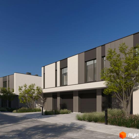 Зовнішній вигляд будинків котеджного містечка Bergman Park з гаражними воротами та вікнами, охайний двір з деревами та кущами.