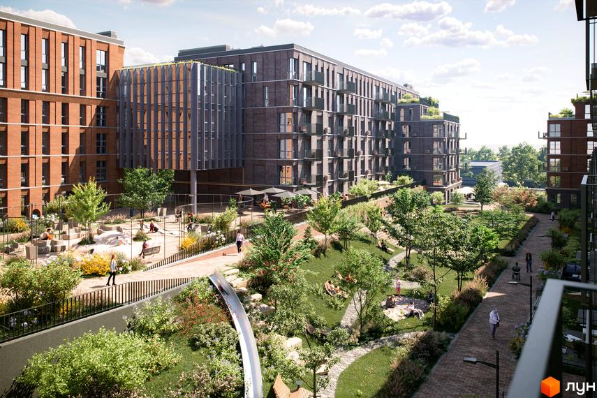 Житловий комплекс AVANT PARK з цегляними фасадами та зеленою прибудинковою територією з дитячим майданчиком та місцями для відпочинку.