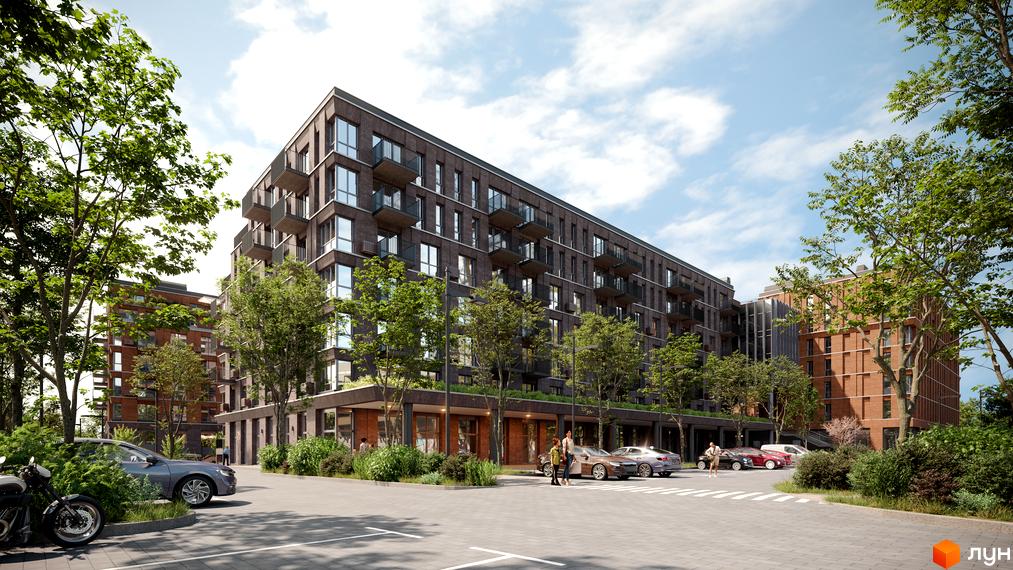 Житловий комплекс AVANT PARK з цегляним фасадом, балконами та парковкою біля будинку. Навколо комплексу зелені дерева та кущі.