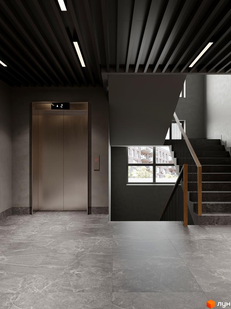 Сучасний інтер'єр під'їзду ЖК AVANT PARK з ліфтом та сходами. Стильні сірі оздоблювальні матеріали та підлогове покриття.