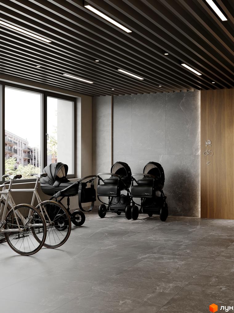 Житловий комплекс AVANT PARK. Сучасний дизайн вхідної групи з дитячими візочками та велосипедами.
