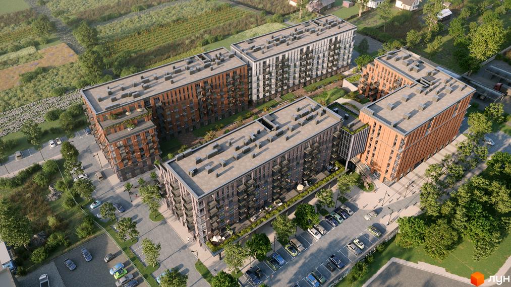 Житловий комплекс AVANT PARK з цегляним фасадом та балконами, оточений зеленими насадженнями та парковкою з автомобілями.