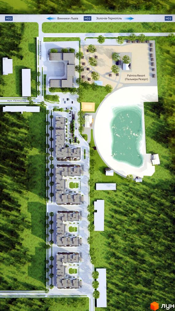 Візуалізація житлового комплексу PALMIRA CITY з багаторівневими будинками та зеленою прибудинковою територією з басейном та зонами відпочинку.