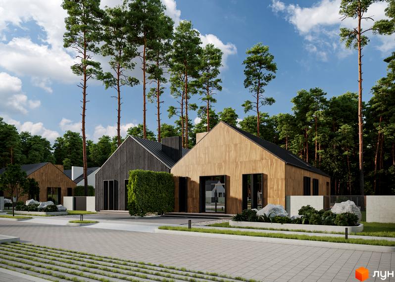Котеджне містечко KM Palanky Forest: фасади будинків з натурального дерева та темного металу, оточені соснами та доглянутою прибудинковою територією.
