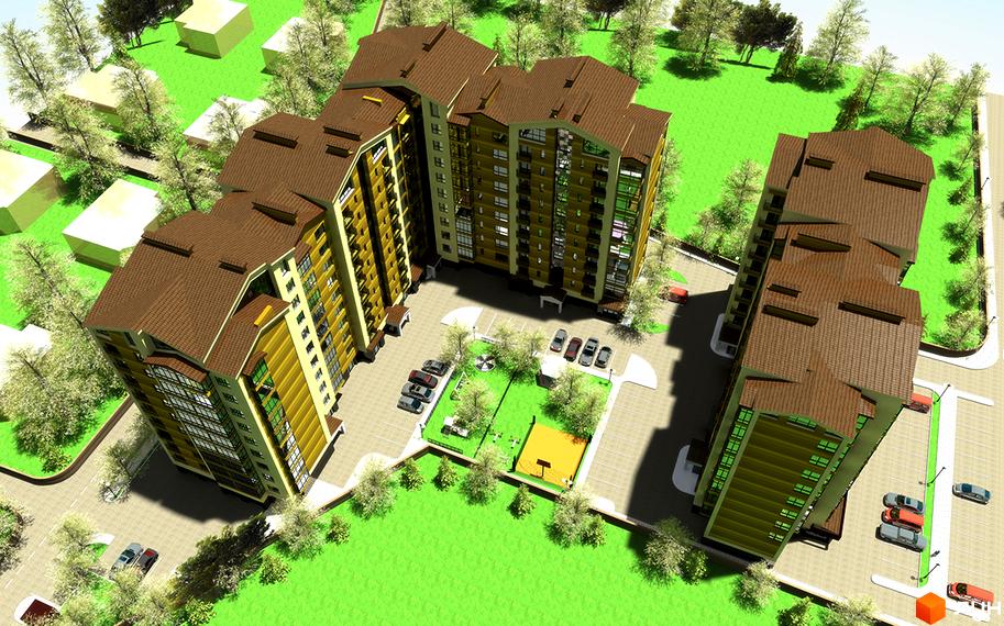 Зображення Житлового комплексу Квартал Патріот 3 з висоти пташиного польоту. На фото видно багатоповерховий будинок та прибудинкову територію з парковкою та дитячим майданчиком.