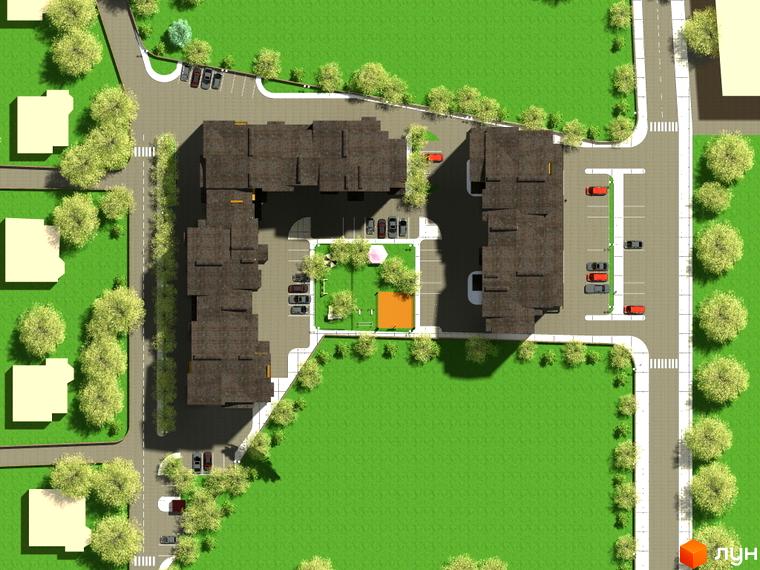 Вигляд зверху на Житловий комплекс Квартал Патріот 3. Багатоповерховий будинок з дитячим майданчиком та парковкою.