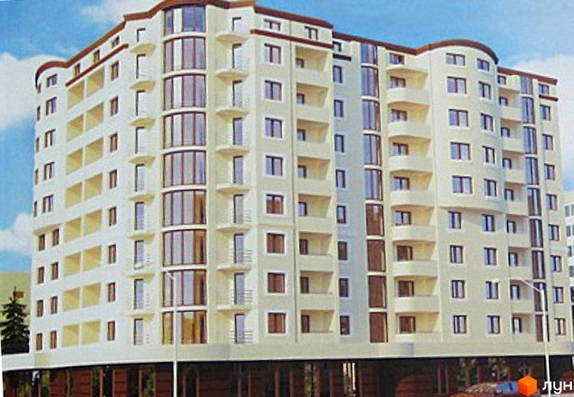 Зображення багатоповерхового будинку Житлового комплексу на вулиці Стуса, 5а. На фото будівля з великими вікнами та балконами.