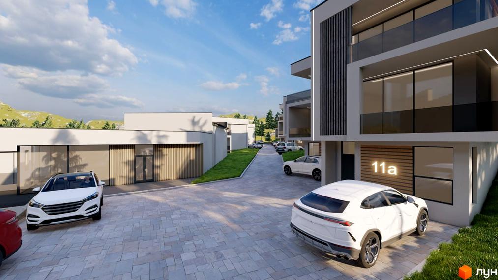 Котеджне містечко КМ Crocus Village: фасади будинків з панорамними вікнами та балконами, прибудинкова територія з парковкою та зеленими зонами.