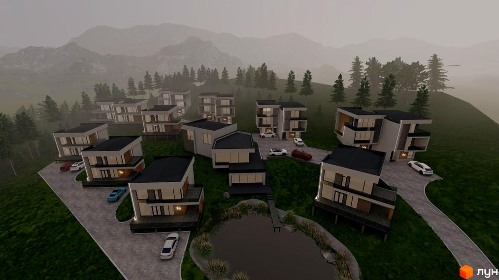 Котеджне містечко КМ Crocus Village з сучасними будинками та озелененою територією біля озера. Загальний вигляд комплексу з гірським пейзажем на фоні.