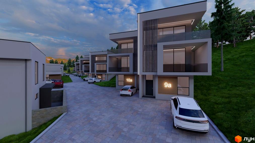 Зовнішній вигляд котеджного містечка КМ Crocus Village з сучасними будинками та доглянутою прибудинковою територією. На фото видно парковку та зелені насадження.