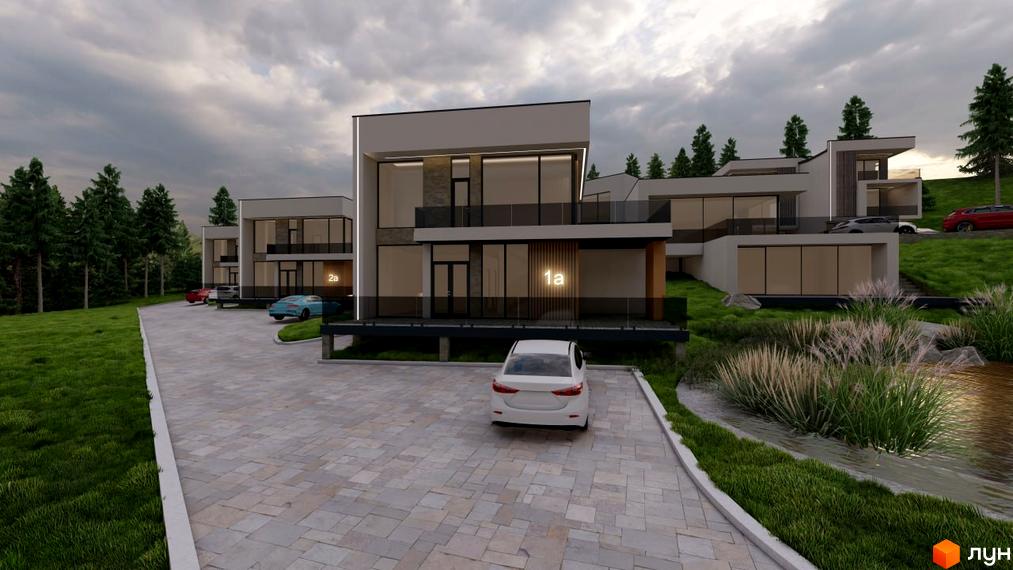 Котеджне містечко КМ Crocus Village. Сучасні будинки з панорамними вікнами розташовані на схилі пагорба біля водойми та густого лісу.