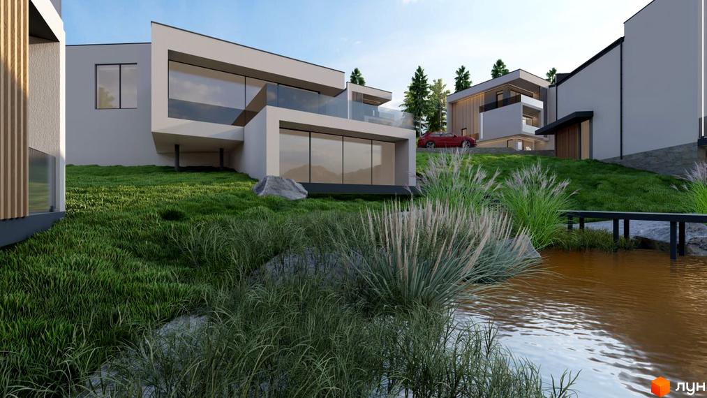 Котеджне містечко КМ Crocus Village з панорамними вікнами та терасою на схилі, оточене зеленню та озером.