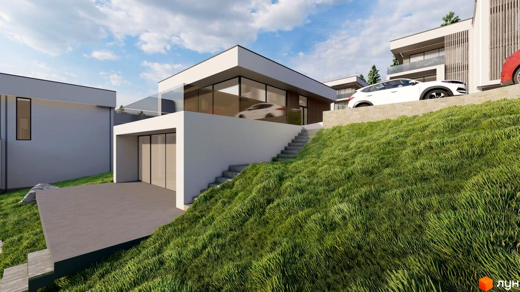 Котеджне містечко КМ Crocus Village: двоповерховий будинок з панорамними вікнами та скляною огорожею, розташований на схилі з доглянутим газоном.