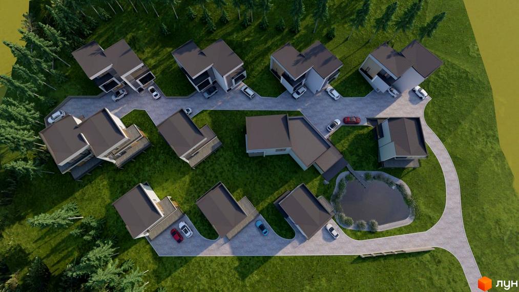 КМ Crocus Village: вид зверху на котеджну забудову з доглянутою прибудинковою територією та озелененням. Огляньте сучасну архітектуру та планування будинків.