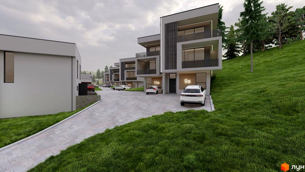 Зовнішній вигляд будинків котеджного містечка КМ Crocus Village з паркінгом та зеленою прибудинковою територією. Сучасна архітектура та доглянутий ландшафт.