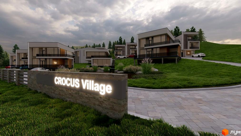 Котеджне містечко Crocus Village. Сучасні будинки з панорамними вікнами на тлі зеленого схилу та хмарного неба.