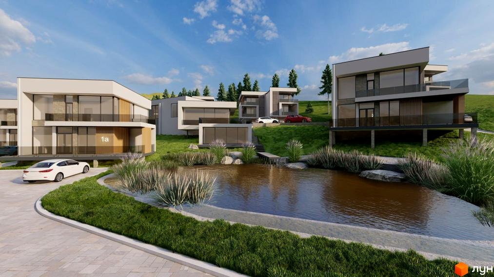 Зовнішній вигляд будинків КМ Crocus Village з панорамними вікнами та терасами, розташованих біля озера з доглянутою прибудинковою територією.