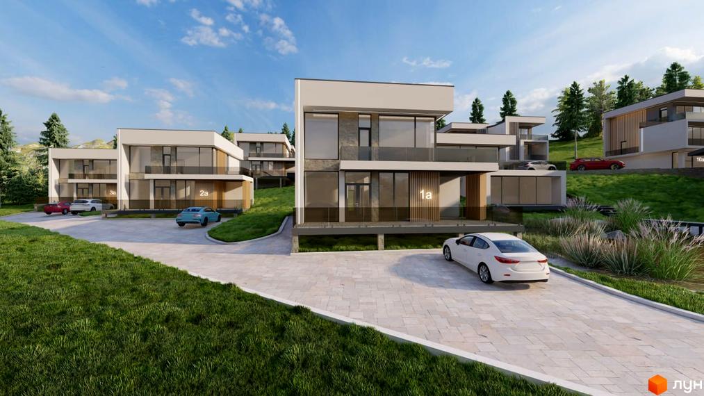 Зовнішній вигляд будинків КМ Crocus Village з великими вікнами та терасами, розташованих на схилі пагорба з доглянутою прибудинковою територією та парковкою.