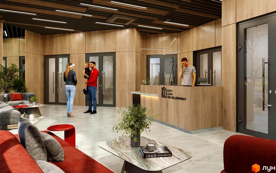 Інтер'єр холу Житлового комплексу Comfort Hill: зона ресепшн, м'які меблі для очікування, відвідувачі з дитиною. Світлий інтер'єр з дерев'яним оздобленням.