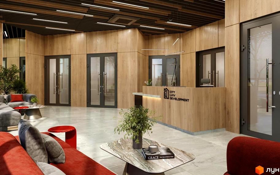 Інтер'єр холу в Житловому комплексі Comfort Hill: стійка ресепшн, м'які меблі та двері з прозорим склом. Стеля з дерев'яними панелями та лінійними світильниками.