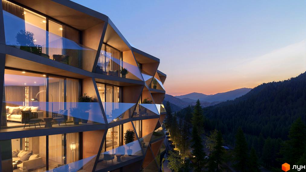 Будівельний проєкт ONDE Hotel by GORO Mountain Resort з унікальною геометричною фасадною системою, що виходить на мальовничий гірський пейзаж із хвойним лісом.