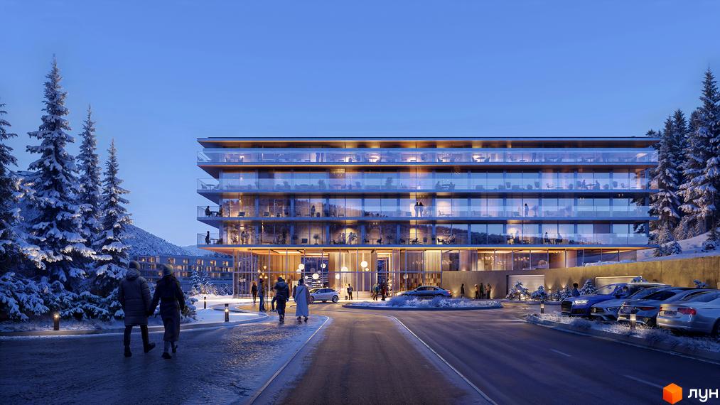 Сучасний житловий комплекс ONDE Hotel by GORO Mountain Resort з панорамними вікнами та балконами на тлі засніжених гір та ялинок. Перед комплексом розташована дорога з автомобілями та пішохідною зоною.