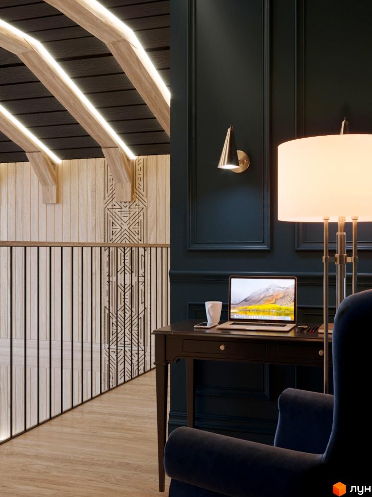 Інтер'єр житлового комплексу КМ GORDO RESIDENCE з дерев'яними балками та підсвіткою. Сучасний дизайн робочої зони з ноутбуком та кріслом.