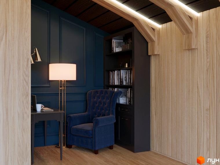 Інтер'єр кабінету в житловому комплексі КМ GORDO RESIDENCE з синім кріслом та книжковою шафою.