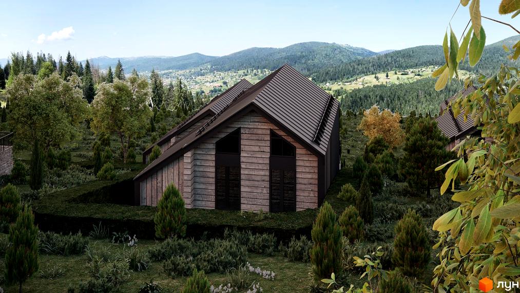 Котеджне містечко КМ GORDO RESIDENCE. Будинок з дерев'яною обшивкою та темним дахом розташований серед зелених пагорбів та лісу.