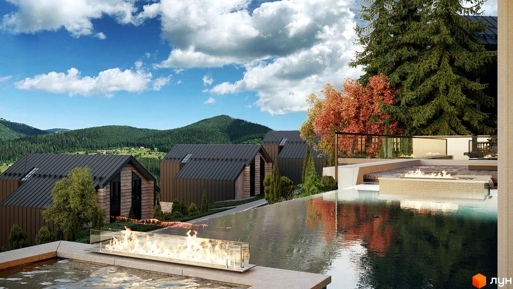 Котеджне містечко КМ GORDO RESIDENCE з темними дахами та дерев'яними фасадами, розташоване біля басейну з вогнищем на тлі гірського пейзажу.
