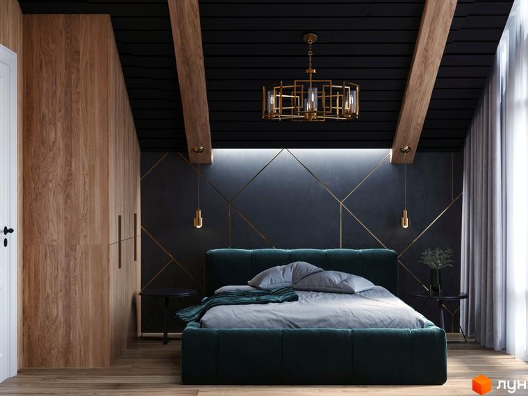 Спальня в стилі лофт з дерев'яними балками на стелі та темно-синіми стінами, прикрашеними золотими геометричними лініями. Ліжко з високим узголів'ям, оббите темно-зеленим велюром, створює затишну атмосферу.