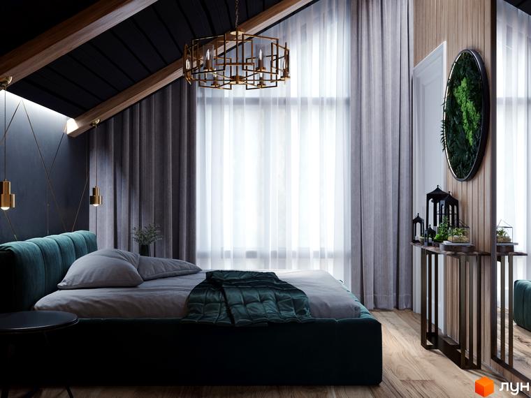 Інтер'єр спальні в Котеджне містечко GORDO RESIDENCE з великим вікном та дизайнерськими меблями. Затишна атмосфера та сучасний дизайн.